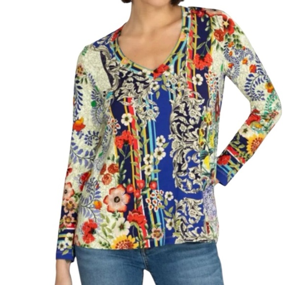 JOHNNY WAS Wild Flower Favorite V-Neck Long Sleeve Swing Tee Women's Size Small - Picture 2 of 13